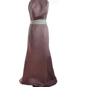 Satin sleeveless solid pink/beige a-line gown with rhinestone sash